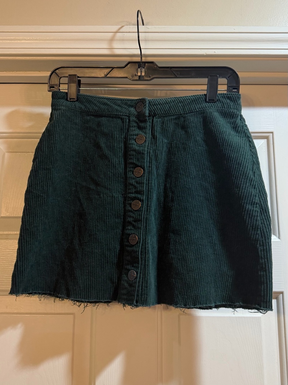 Unpublished Button-Front Dark Green Corduroy Mini Skirt Raw Hem Size S
